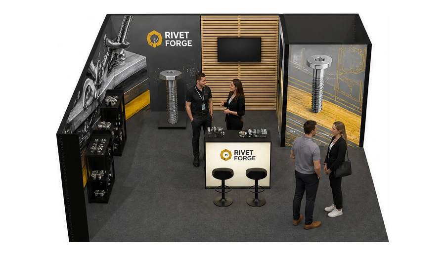 Stoisko 6 × 6 m narożne lewe dla branży elementy złączne, przykładowa marka Rivet Forge