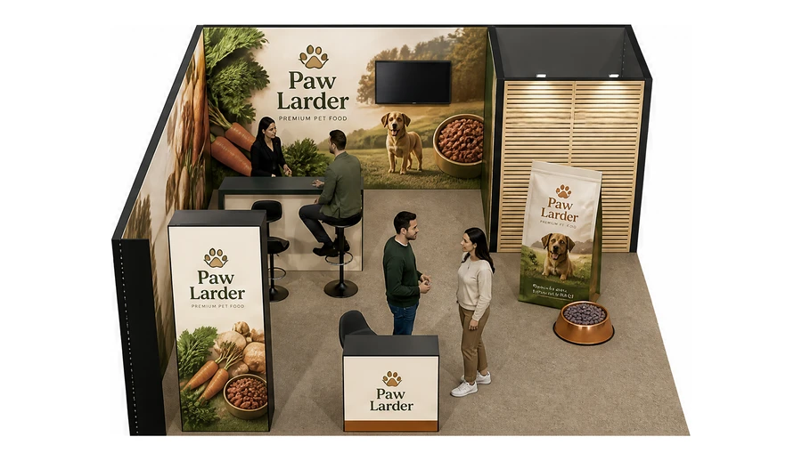 Stoisko 6 × 6 m narożne lewe dla branży karma dla zwierząt, przykładowa marka Paw Larder