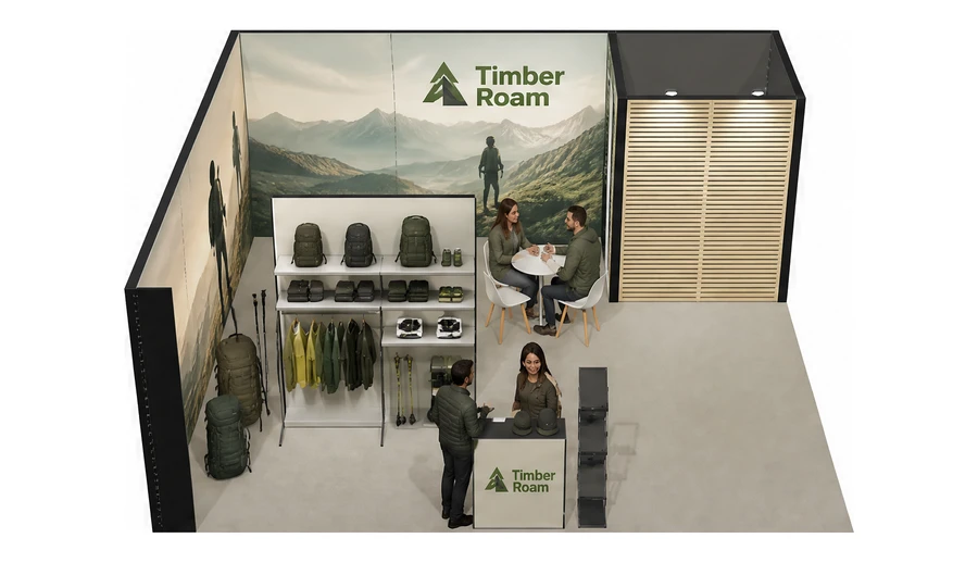 Stoisko 6 × 6 m narożne lewe dla branży odzież i sprzęt outdoorowy, przykładowa marka Timber Roam