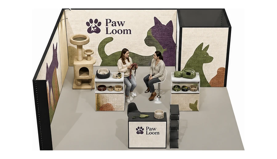 Stoisko 6 × 6 m narożne lewe dla branży akcesoria dla zwierząt, przykładowa marka Paw Loom