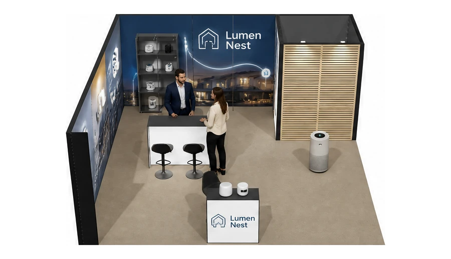 Stoisko 6 × 6 m narożne lewe dla branży smart home i IoT, przykładowa marka Lumen Nest
