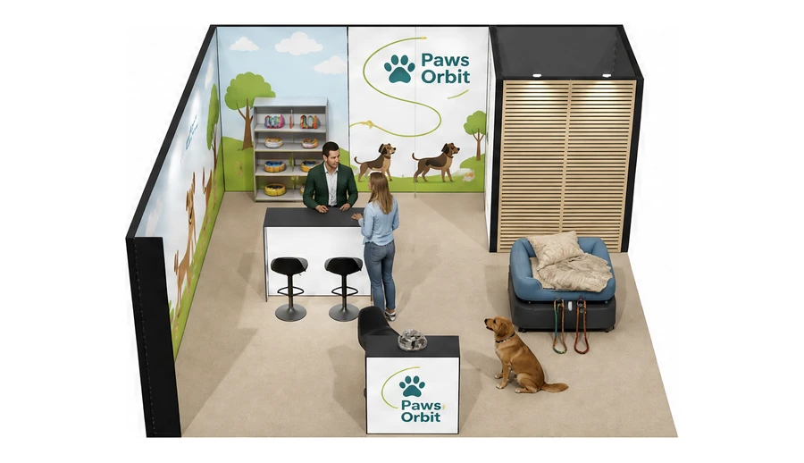 Stoisko 6 × 6 m narożne lewe dla branży akcesoria dla zwierząt, przykładowa marka Paws Orbit
