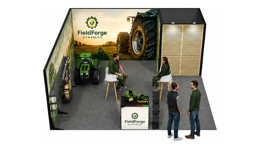 Stoisko 6 × 6 m narożne lewe dla branży maszyny rolnicze, przykładowa marka FieldForge Dynamics