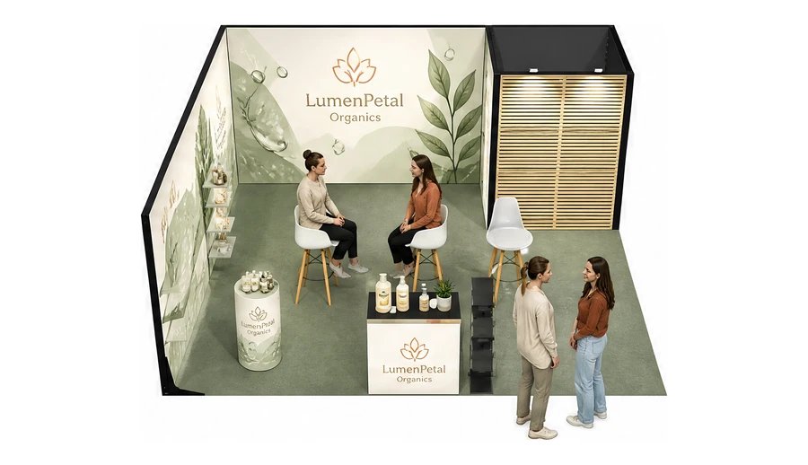 Stoisko 6 × 6 m narożne lewe dla branży kosmetyki naturalne, przykładowa marka LumenPetal Organics