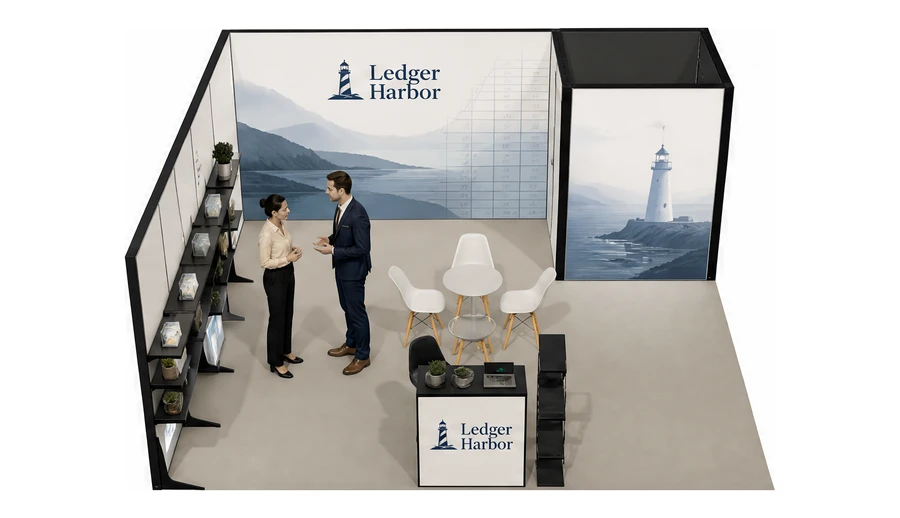 Stoisko 6 × 6 m narożne lewe dla branży usługi finansowe i księgowe, przykładowa marka Ledger Harbor