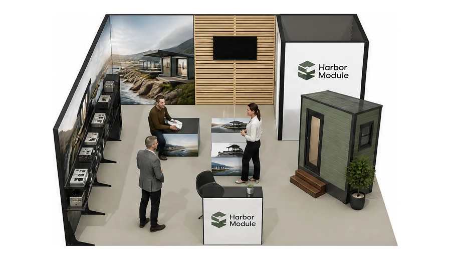 Stoisko 6 × 6 m narożne lewe dla branży domy modułowe i prefabrykacja, przykładowa marka Harbor Module