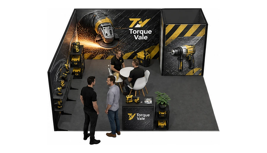 Stoisko 6 × 6 m narożne lewe dla branży elektronarzędzia, przykładowa marka Torque Vale