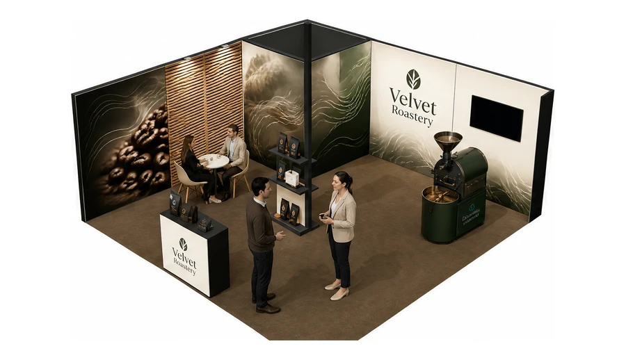 Stoisko 6 × 6 m narożne lewe dla branży palarnia kawy, przykładowa marka Velvet Roastery