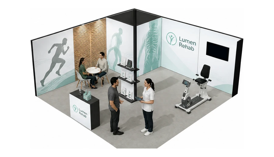 Stoisko 6 × 6 m narożne lewe dla branży rehabilitacja i fizjoterapia, przykładowa marka Lumen Rehab