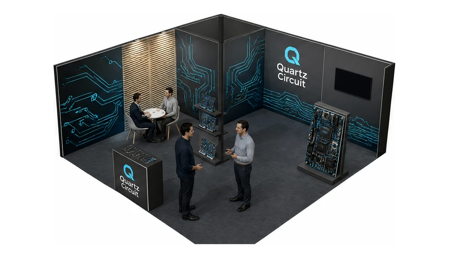 Stoisko 6 × 6 m narożne lewe dla branży komponenty elektroniczne, przykładowa marka Quartz Circuit