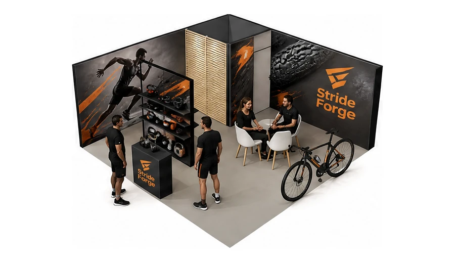 Stoisko 6 × 6 m narożne lewe dla branży sprzęt sportowy, przykładowa marka Stride Forge