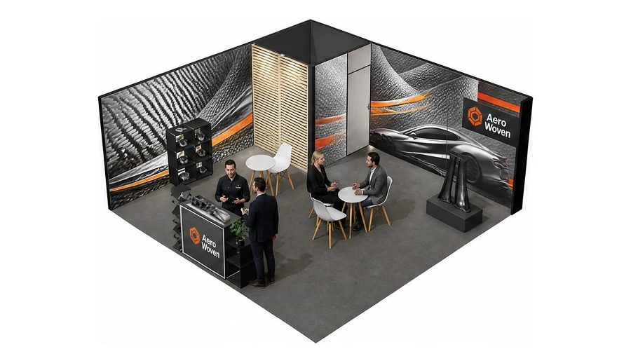 Stoisko 6 × 6 m narożne lewe dla branży materiały kompozytowe, przykładowa marka Aero Woven