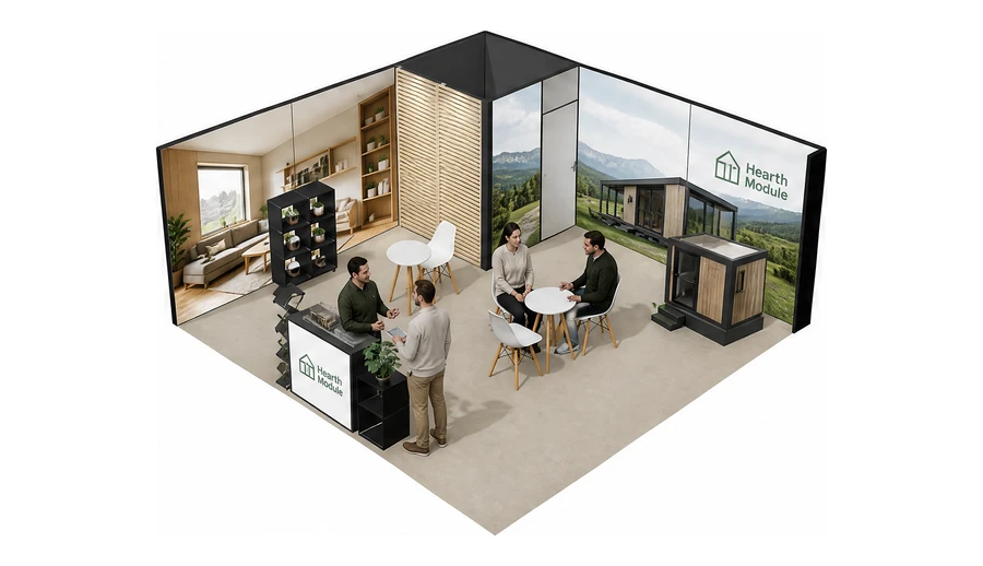 Stoisko 6 × 6 m narożne lewe dla branży domy modułowe i prefabrykacja, przykładowa marka Hearth Module