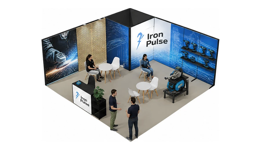 Stoisko 6 × 6 m narożne lewe dla branży elektronarzędzia, przykładowa marka Iron Pulse
