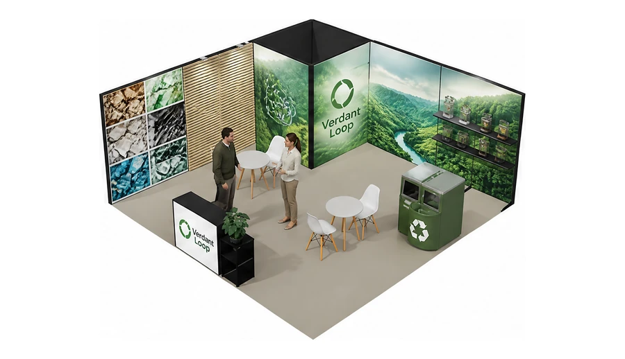 Stoisko 6 × 6 m narożne lewe dla branży recykling i ochrona środowiska, przykładowa marka Verdant Loop