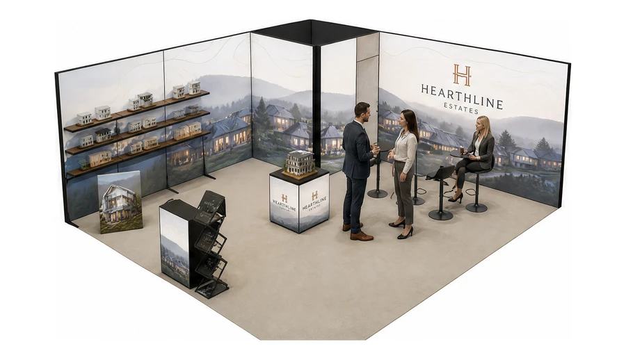 Stoisko 6 × 6 m narożne lewe dla branży deweloperzy i nieruchomości, przykładowa marka Hearthline Estates