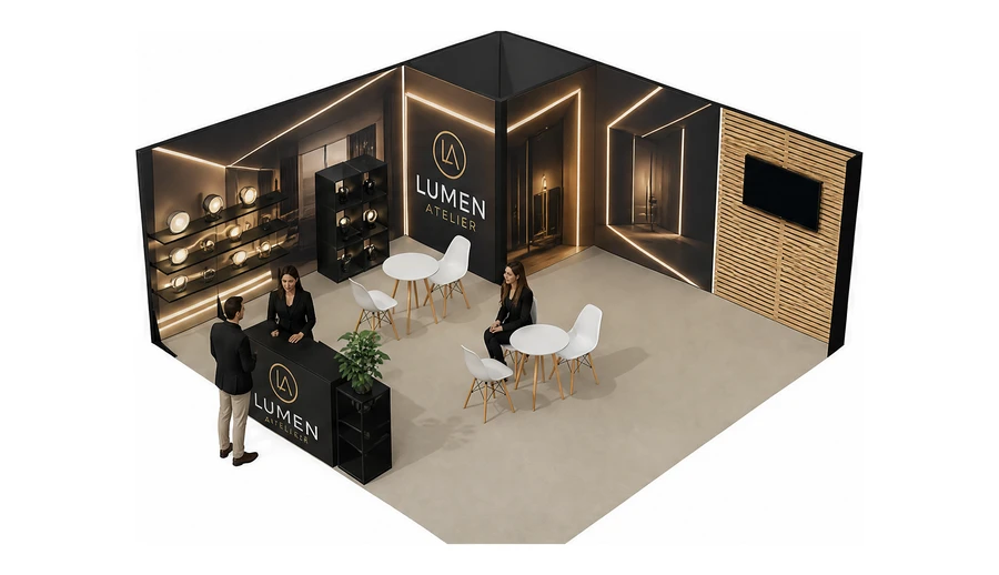 Stoisko 6 × 6 m narożne lewe dla branży oświetlenie, przykładowa marka Lumen Atelier