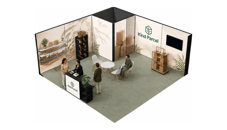 Stoisko 6 × 6 m narożne lewe dla branży opakowania ekologiczne, przykładowa marka Kind Parcel