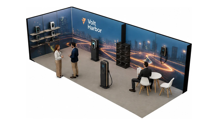 Stoisko 8 × 3 m narożne lewe dla branży elektromobilność i ładowarki, przykładowa marka Volt Harbor