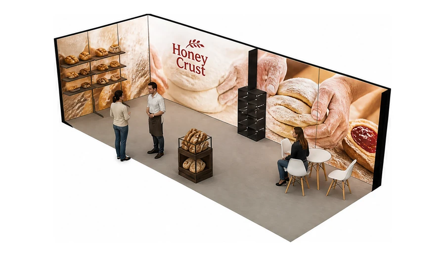 Stoisko 8 × 3 m narożne lewe dla branży piekarnictwo i cukiernictwo, przykładowa marka Honey Crust