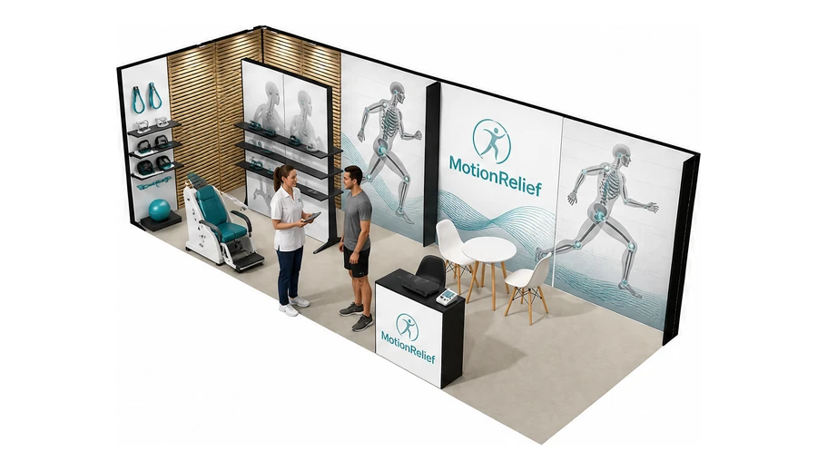 Stoisko 8 × 3 m narożne lewe dla branży rehabilitacja i fizjoterapia, przykładowa marka MotionRelief