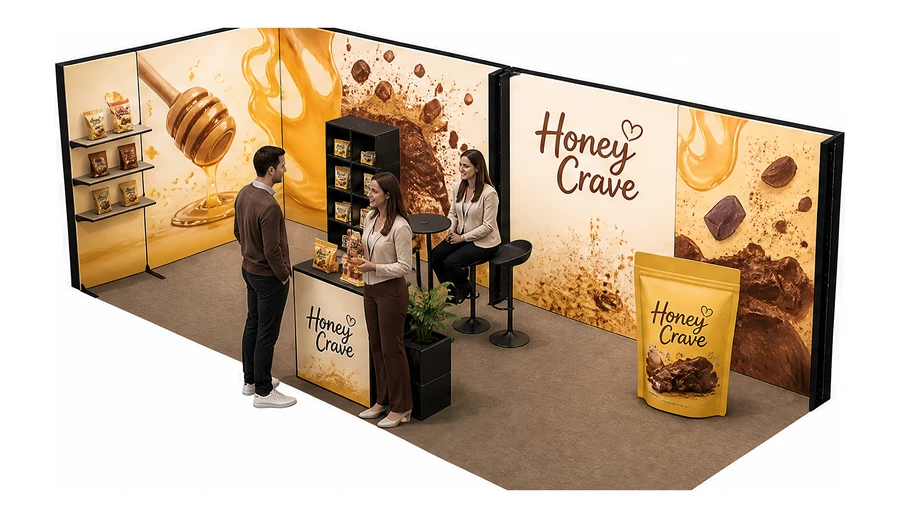 Stoisko 8 × 3 m narożne lewe dla branży słodycze i przekąski, przykładowa marka Honey Crave