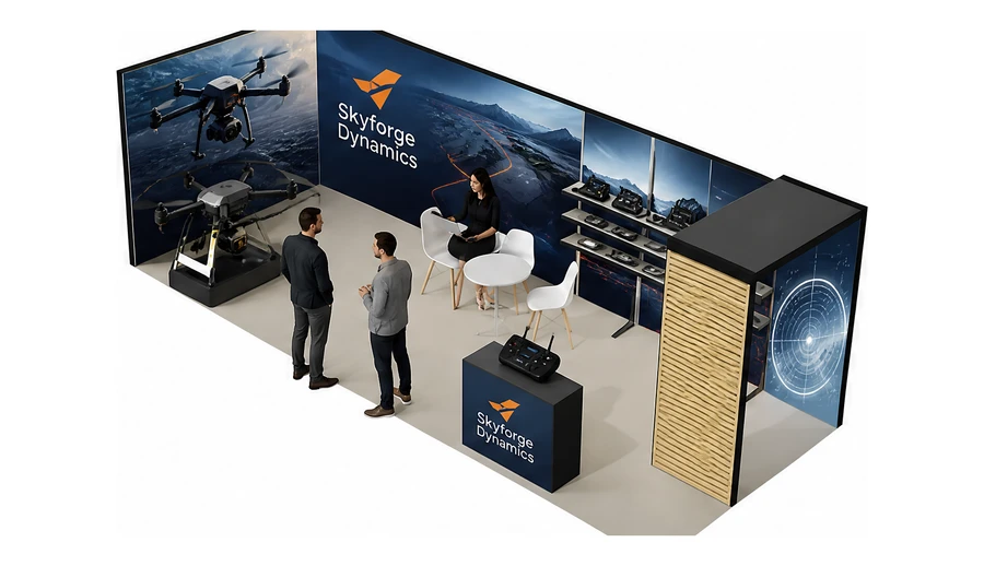 Stoisko 8 × 3 m narożne lewe dla branży drony i robotyka, przykładowa marka Skyforge Dynamics