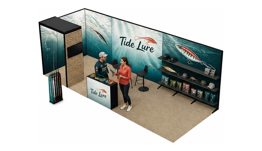Stoisko 8 × 3 m narożne lewe dla branży wędkarstwo, przykładowa marka Tide Lure