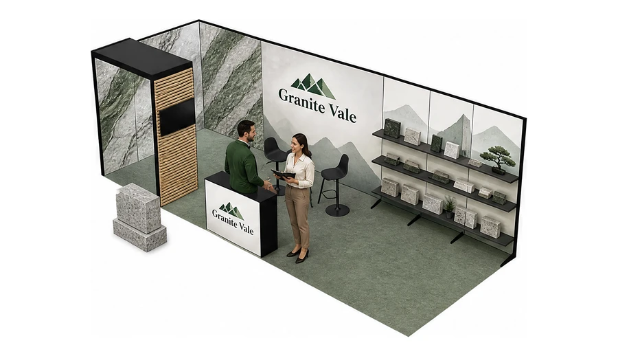Stoisko 8 × 3 m narożne lewe dla branży kamień i kamieniarstwo, przykładowa marka Granite Vale