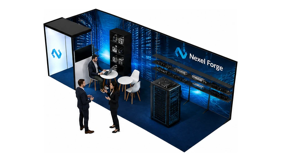 Stoisko 8 × 3 m narożne lewe dla branży infrastruktura IT i data center, przykładowa marka Nexel Forge