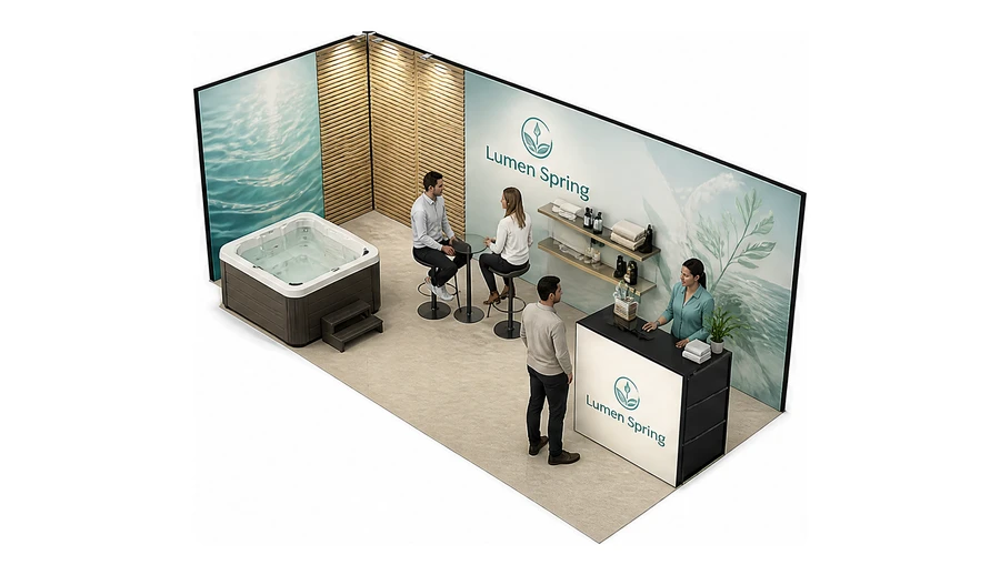 Stoisko 8 × 3 m narożne lewe dla branży spa i wellness, przykładowa marka Lumen Spring