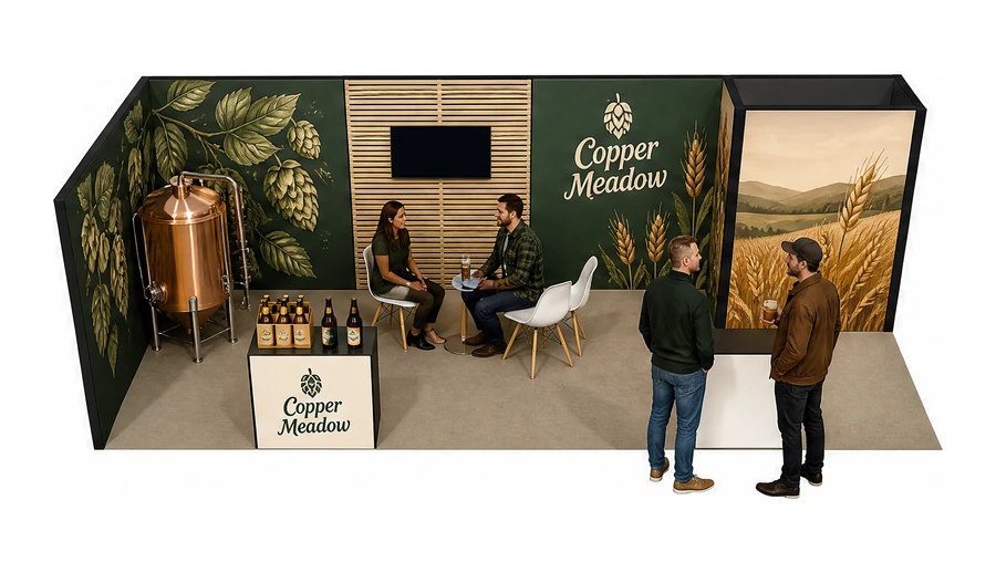 Stoisko 8 × 3 m narożne lewe dla branży browar rzemieślniczy, przykładowa marka Copper Meadow