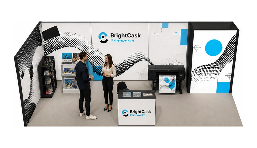 Stoisko 8 × 3 m narożne lewe dla branży reklama i druk, przykładowa marka BrightCask Printworks