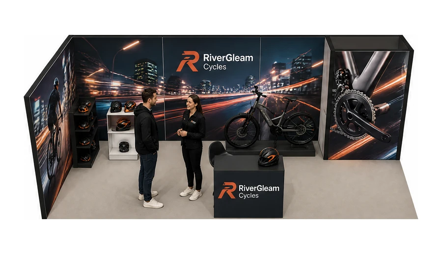 Stoisko 8 × 3 m narożne lewe dla branży rowery elektryczne, przykładowa marka RiverGleam Cycles