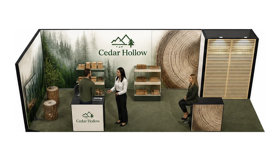 Stoisko 8 × 3 m narożne lewe dla branży leśnictwo i przemysł drzewny, przykładowa marka Cedar Hollow