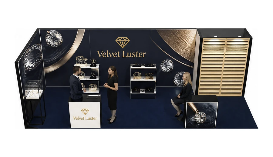 Stoisko 8 × 3 m narożne lewe dla branży biżuteria, przykładowa marka Velvet Luster