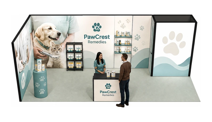 Stoisko 8 × 3 m narożne lewe dla branży weterynaria, przykładowa marka PawCrest Remedies