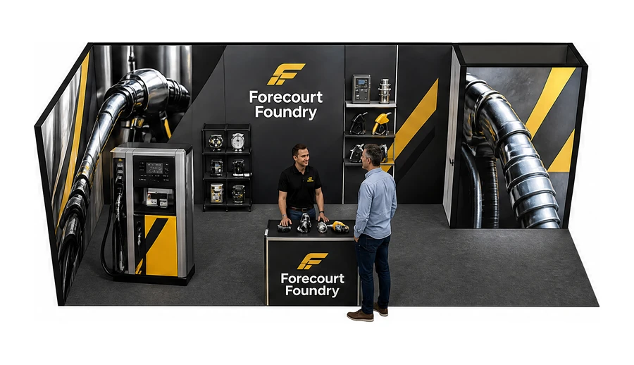 Stoisko 8 × 3 m narożne lewe dla branży stacje paliw, przykładowa marka Forecourt Foundry