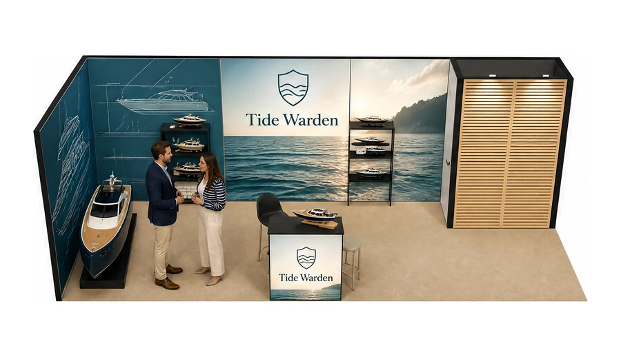 Stoisko 8 × 3 m narożne lewe dla branży jachty i łodzie, przykładowa marka Tide Warden