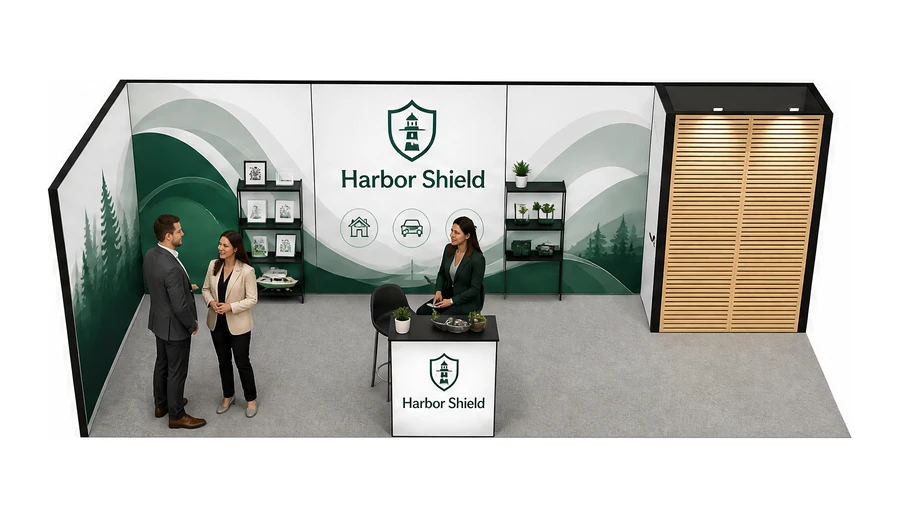 Stoisko 8 × 3 m narożne lewe dla branży ubezpieczenia, przykładowa marka Harbor Shield