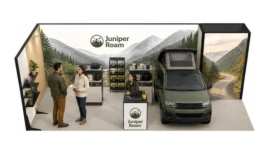 Stoisko 8 × 3 m narożne lewe dla branży caravaning i kampery, przykładowa marka Juniper Roam
