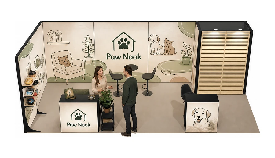 Stoisko 8 × 3 m narożne lewe dla branży akcesoria dla zwierząt, przykładowa marka Paw Nook