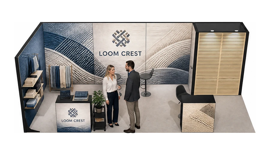 Stoisko 8 × 3 m narożne lewe dla branży tekstylia i tkaniny, przykładowa marka Loom Crest