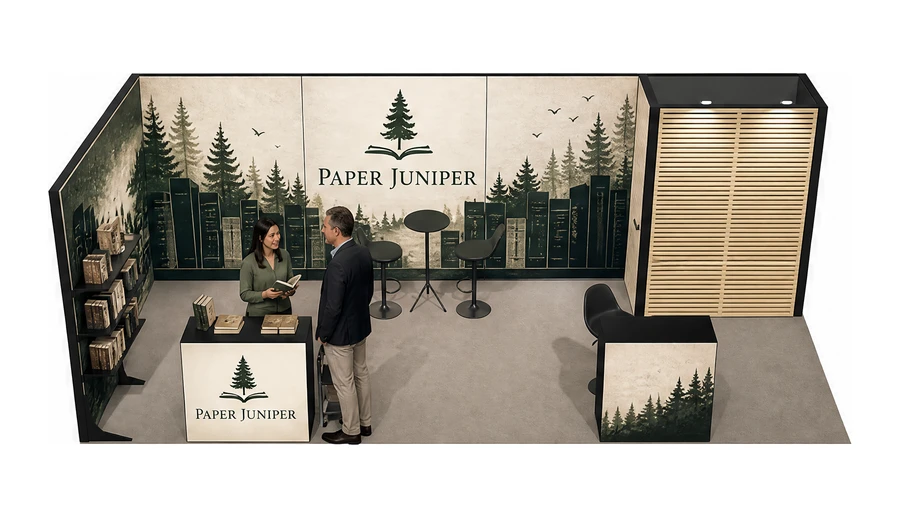 Stoisko 8 × 3 m narożne lewe dla branży wydawnictwa, przykładowa marka Paper Juniper