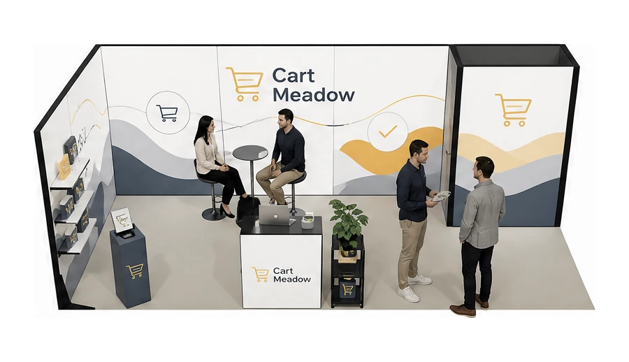 Stoisko 8 × 3 m narożne lewe dla branży e-commerce, przykładowa marka Cart Meadow