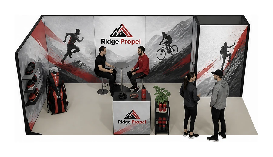 Stoisko 8 × 3 m narożne lewe dla branży sprzęt sportowy, przykładowa marka Ridge Propel