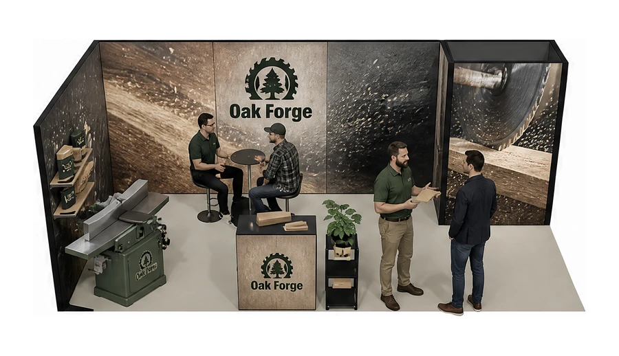 Stoisko 8 × 3 m narożne lewe dla branży maszyny do obróbki drewna, przykładowa marka Oak Forge