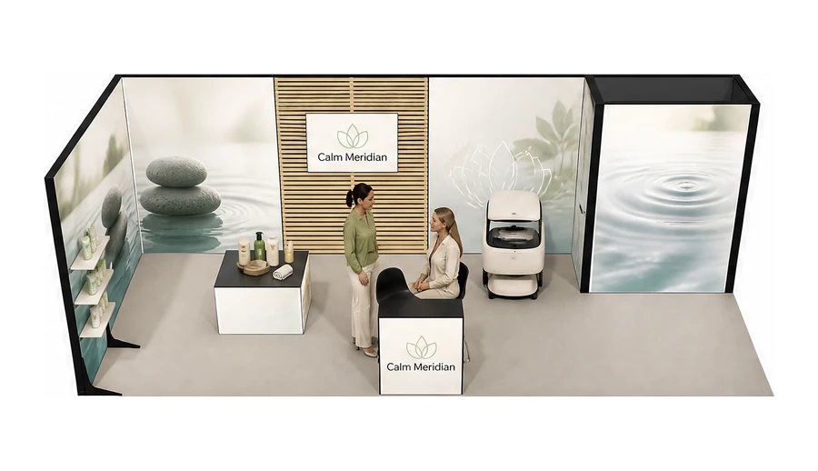 Stoisko 8 × 3 m narożne lewe dla branży spa i wellness, przykładowa marka Calm Meridian