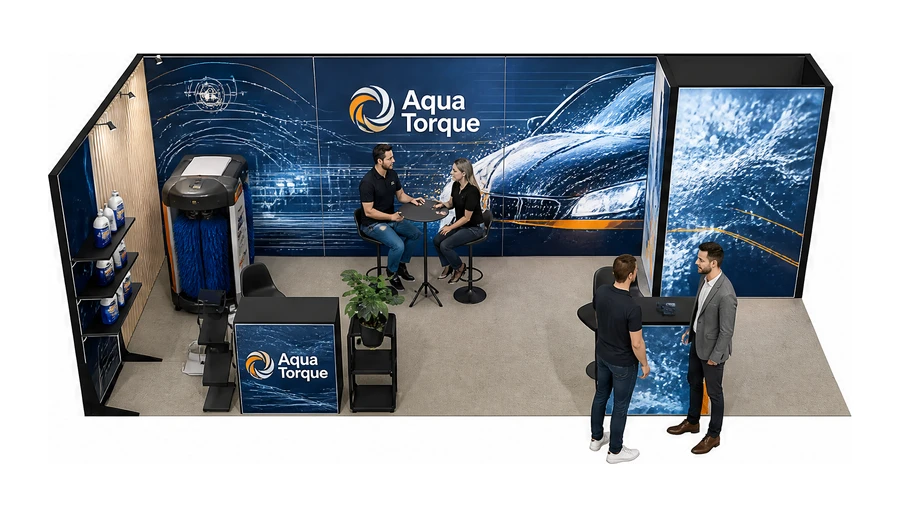 Stoisko 8 × 3 m narożne lewe dla branży myjnie i pielęgnacja aut, przykładowa marka Aqua Torque