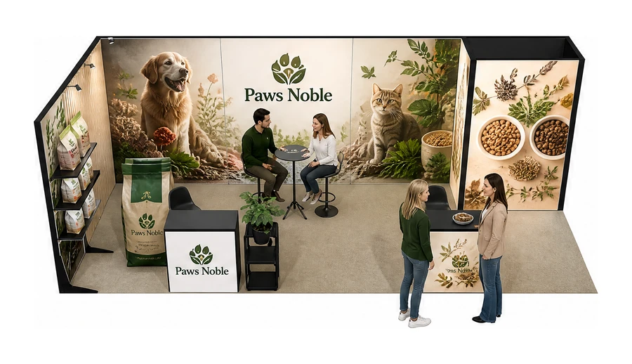 Stoisko 8 × 3 m narożne lewe dla branży karma dla zwierząt, przykładowa marka Paws Noble